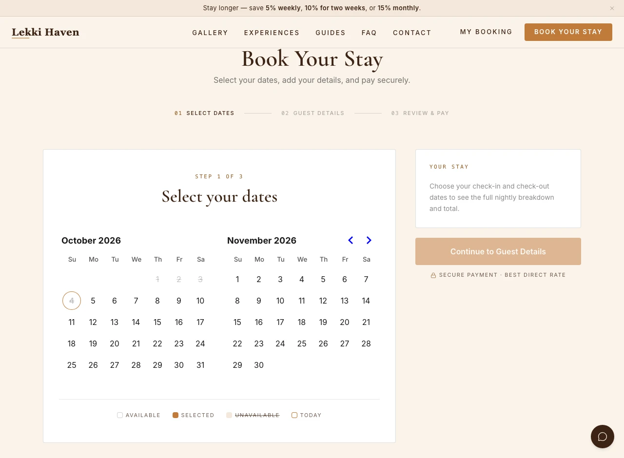 Covelet’s date selection and booking flow at Lekki Haven