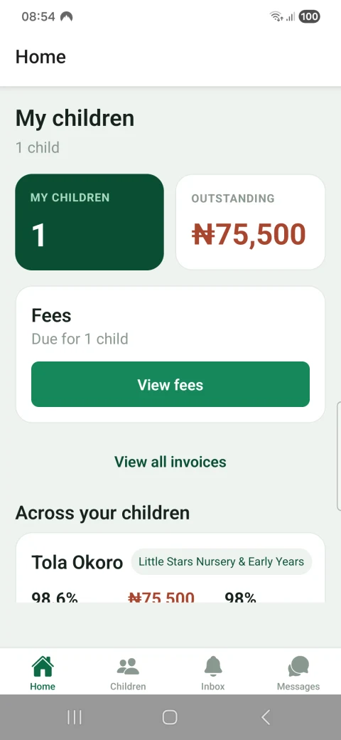 EduPrefect parent app home screen with demonstration data
